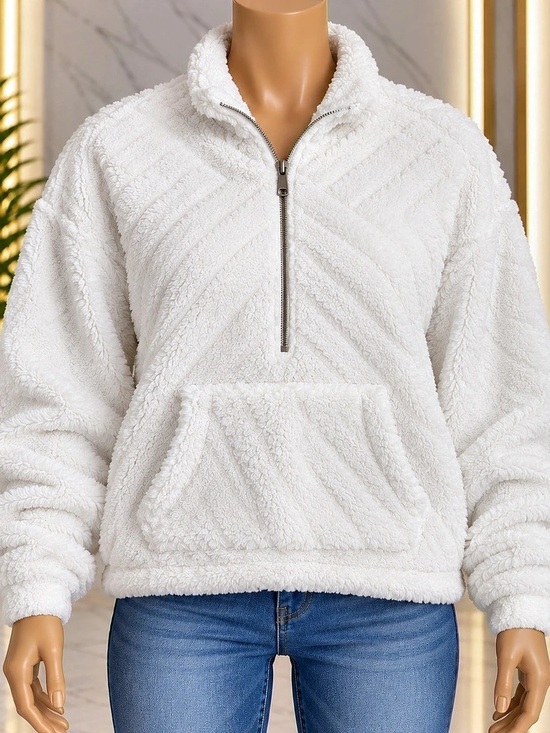 Tops - White Quarter-Zip Fleece Hoodie